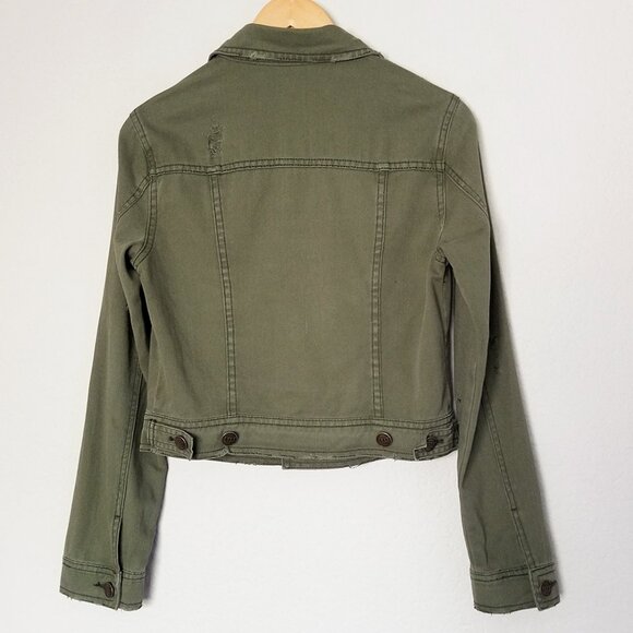 Free People Olive Army Green Distressed Crop Denim Jacket Size 4 100% Cotton - Picture 4 of 15